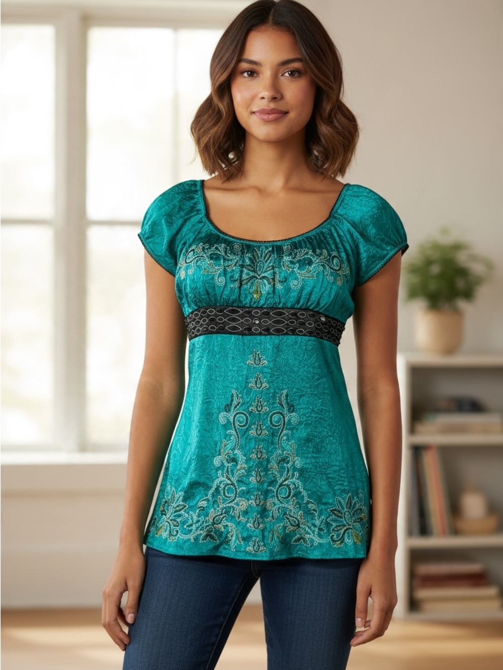 VTG Y2K Heart Soul Teal Satin Embroidered Babydoll Top